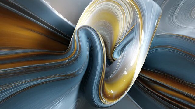 Glossy gold and gray viscous liquid streams smoothly flow and swirl into a complex loop, creating dynamic wavy shapes