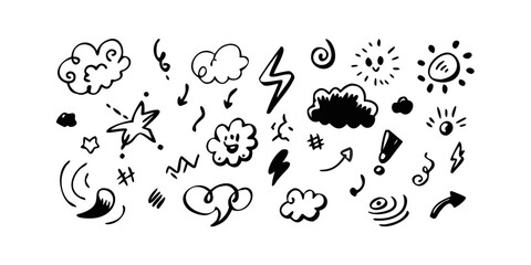 A diverse collection of weather and natural phenomena icons in black and white Vector © rabby