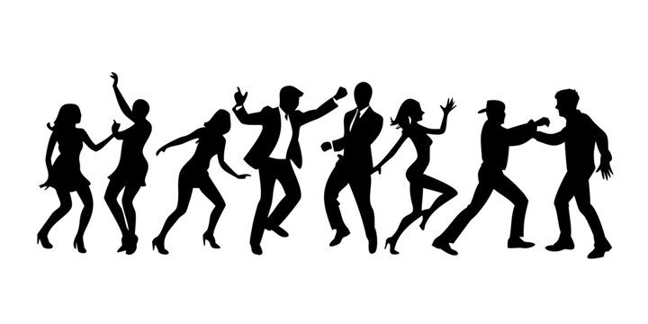 Silhouettes of people dancing in a line against a white background Vector
