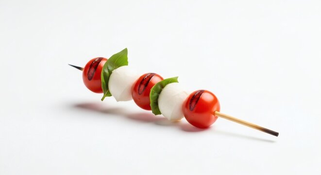 Fresh cherry tomato mozzarella skewers on wooden stick with basil leaves healthy appetizer snack food close-up minimal white background perfect for National Something On a Stick Day