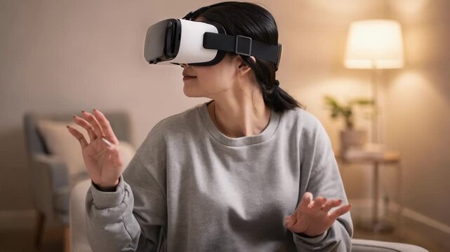 Medium shot of a calming VR therapy corner with a single user deeply immersed headset in focus and softly blurred seating area enhancing a serene atmosphere.