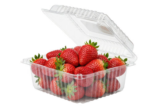 Fresh strawberries in a clear plastic container isolated on transparent background