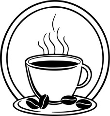 Hot Coffee Cup with Beans in Circle Badge Line Art Illustration