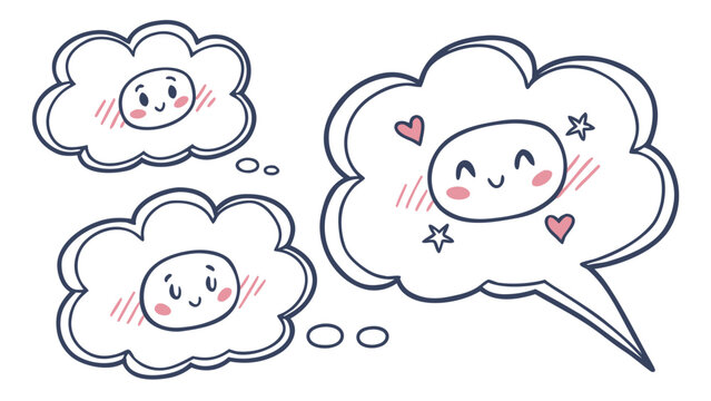 Cute hand drawn set of speech and thought bubbles with happy smiling face characters