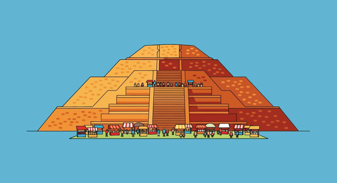 An illustration of a pyramid with market stalls and people gathered at the base, depicting a vibrant historical scene of ancient civilizations and commerce