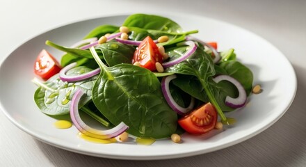 Fresh spinach salad with red onions, cherry tomatoes, and pine nuts on white plate, healthy eating concept, top view perfect for National Spinach Day