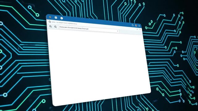 Empty web browser window over glowing circuit board background