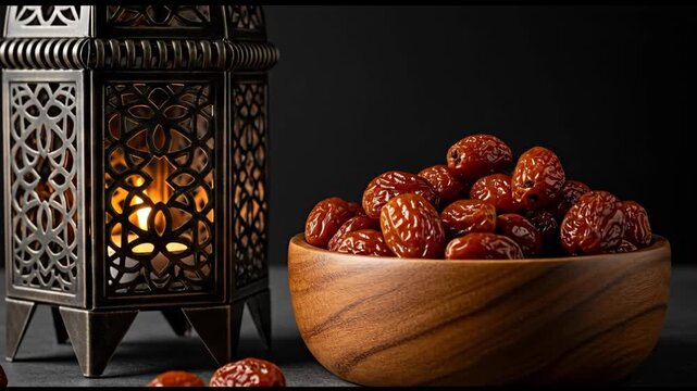 Ramadan Iftar Meal with Dates and Lantern.