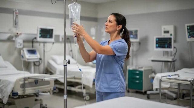 Stepdown unit in a PACU with a medium shot centered on a nurse adjusting an IV drip soft focus on surrounding beds and medical equipment creating a calm recovery environment.