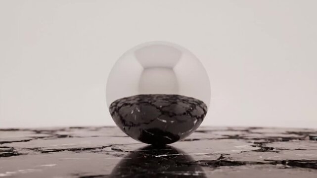 A transparent glass sphere sits on a reflective black marble surface with a plain gray background.