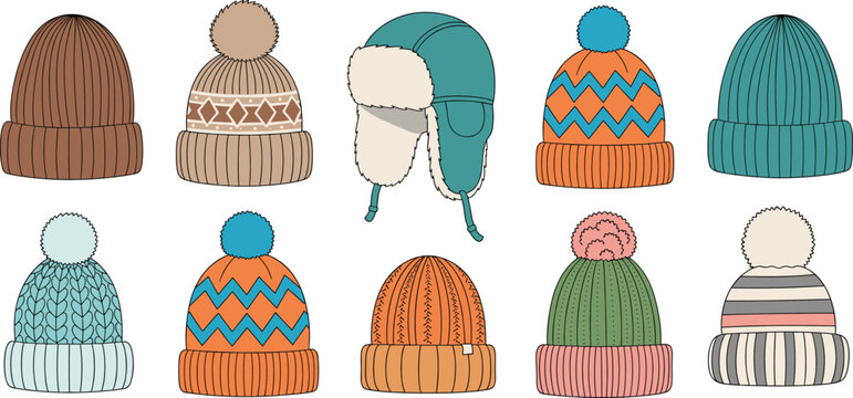 Collection of various winter knit hats beanies and a trapper hat with pom-poms and colorful patterns for cold weather seasonal fashion.