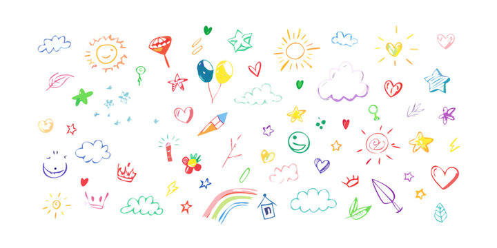 A vibrant and colorful array of various objects and shapes scattered across a white background Vector