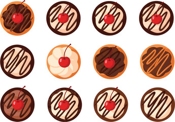 Chocolate candy assortment set with glazed sweets drizzled toppings and cherry decoration flat vector illustration