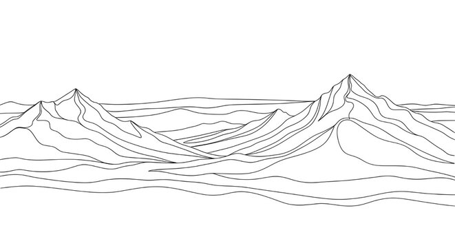 Monta&ntilde;as negras en un estilo art&iacute;stico de una l&iacute;nea.
 Dibujo de monta&ntilde;as con trazo negro editable sobre fondo blanco.
 Ilustraci&oacute;n vectorial.