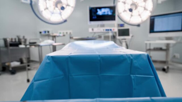 Sterile orthopedic operating room with focused surgical table and blurred background surgical lights and instruments emphasizing a clean advanced medical environment.