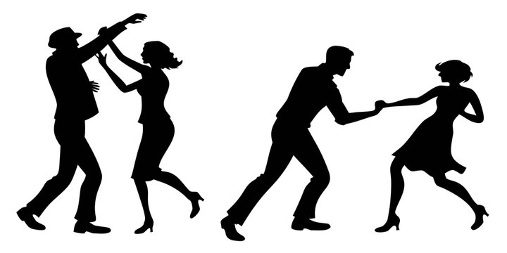 Silhouettes of couples dancing in various styles and poses. Vector