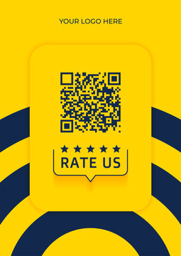 Modern Customer Review Card Template with QR Code, Professional Dark Blue and Yellow Feedback Card, Editable Business Stationery. Rating card