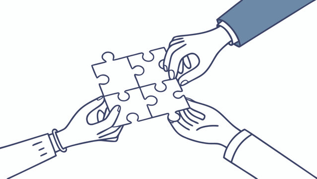 Three hands in dark blue line art work together to connect four puzzle pieces against a white background in a corporate themed illustration.