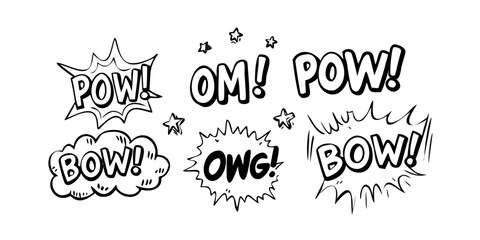 A collection of various comic book sound effect words in bold black letters Vector © Rabbi