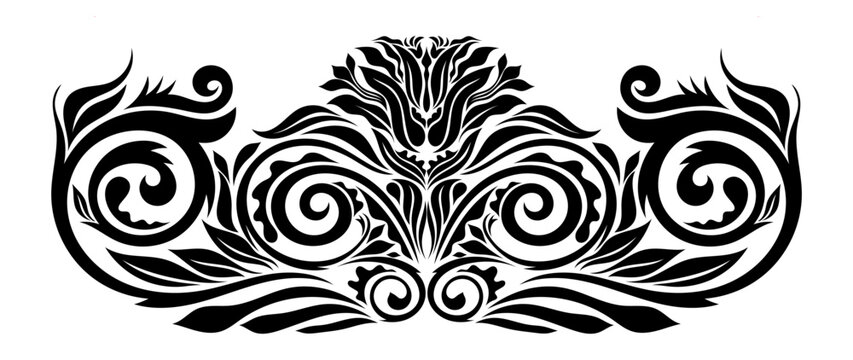 Filigree heraldic crest with calligraphic motif, floral ornament. Vintage style divider design element. Elegant decorative vector for invitations, certificates, branding, book layouts, classic design.