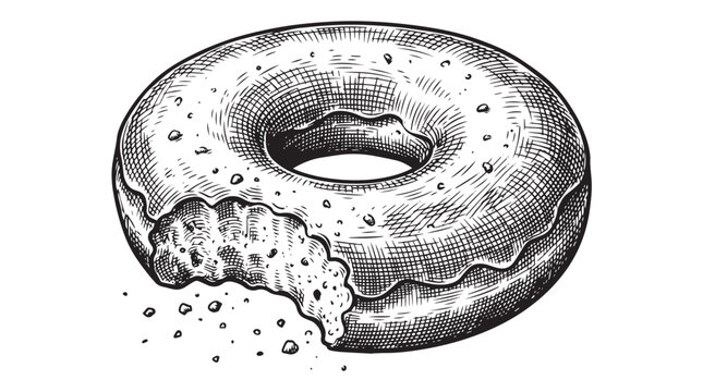 Detailed hand-drawn sketch of a freshly bitten plain glazed donut with scattered crumbs, showcasing a rough texture and artistic hatching in a striking black and white