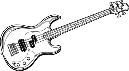 Fototapeta premium Detailed black and white vector illustration of a four-string electric bass guitar featuring a classic double-cutaway body design