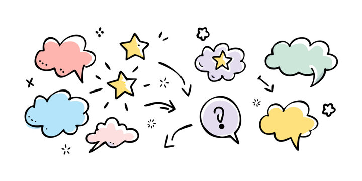 A whimsical illustration of various colorful clouds floating in the sky Vector