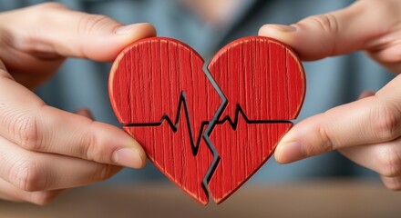 Obraz premium Broken wooden heart with EKG heartbeat line held by hands representing cardiac health, medical recovery, and relationship reconciliation