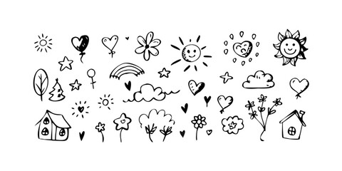 Fototapeta premium A delightful array of whimsical doodles featuring hearts, stars, and various shapes. Vector