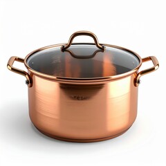 Polished Copper Stock Pot With Clear Glass Lid and Two Handles Studio Shot With White Background