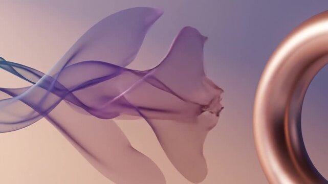A woman's face merges with flowing purple fabric against a gradient background with a copper-colored ring.