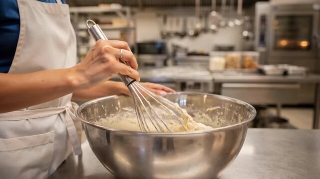 Childcare provider mixing batter in a large bowl in a spacious commercial kitchen hands and mixing tools sharply detailed against a blurred backdrop.