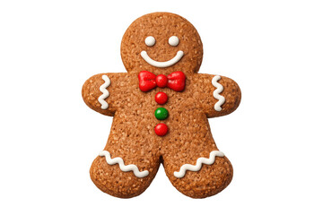 Gingerbread man cookie with red bow tie and buttons, christmas holiday sweet treat on transparent background