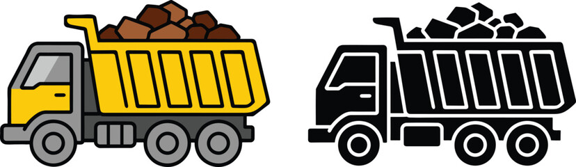 Colorful and monochrome illustrations of a loaded dump truck with cargo © mdsabbir