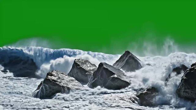 Rocks crash against rugged coastline in turbulent ocean waves