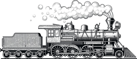 Vintage black and white engraved illustration of a classic steam locomotive train engine with smoke clouds for historical rail transportation designs. © Lunavera art