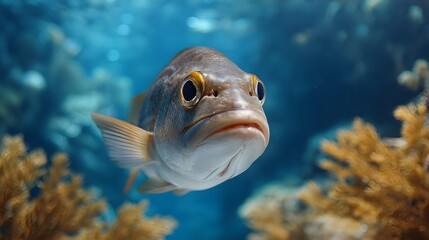 A close up portrait of a fish with striking golden eyes swimming in a vibrant coral reef