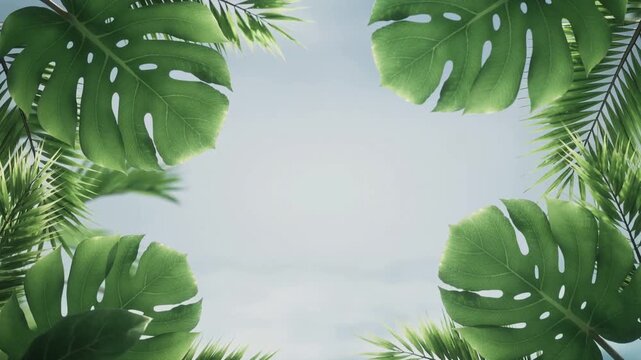 Tropical leaves frame on a light background.