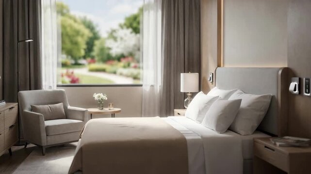 Deluxe resident room emphasizing modern furnishings call button within easy reach and a blurred window revealing a scenic outdoor area filled with natural light.