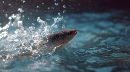 Fototapeta premium A powerful trout leaps dramatically from flowing blue water creating an explosion of spray and droplets in a moment of pure natural energy