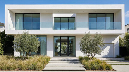 Fototapeta premium Modern luxury house exterior with glass balcony and landscaped yard, contemporary residential architecture