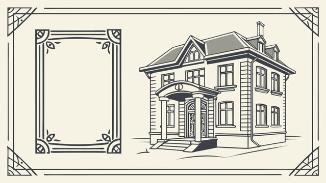 Victorian house illustration next to a blank ornate Art Deco frame.