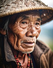 Intimate close-up shows an elderly man with weathered skin wearing a woven hat, looking away pensively