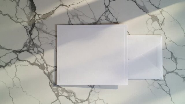 Two white envelopes on a marble surface with natural light and shadows.