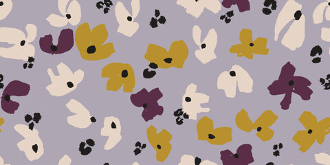 Fototapeta premium Soft lavender-based abstract floral vector pattern with earthy mustard, deep burgundy, and cream blooms—hand-painted texture, modern organic aesthetic. Ideal for fashion fabrics, home textiles