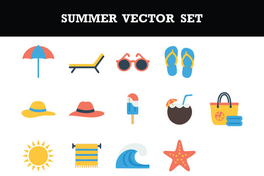 Bright and colorful summer vacation icon set featuring beach essentials and travel items perfect for designs