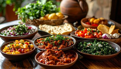 Obraz premium Assortment of Georgian dishes on a rustic wooden table.