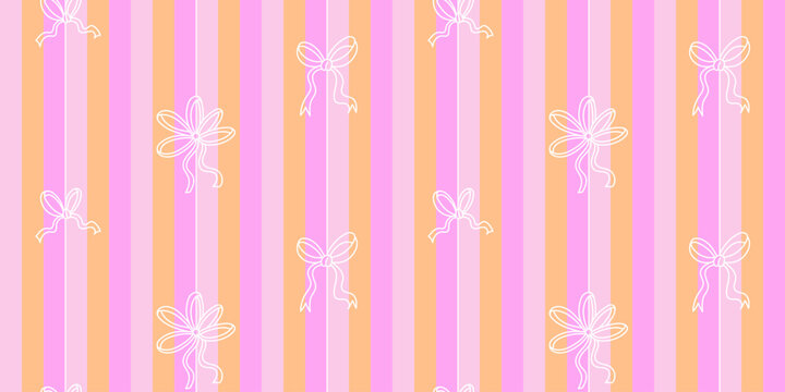 Seamless pattern with vertical stripes in girly pink and orange tones, decorated with white line art bows in playful shapes. Bright, cute design with a fun feminine vibe.
