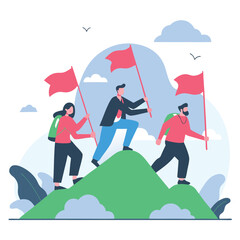Fototapeta premium Business Leader Teamwork Climbing Up Mountain with Flag Leadership Challenge Concept in Modern Flat Vector Illustration