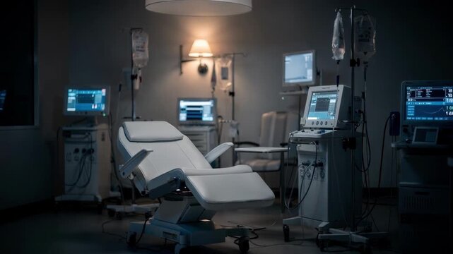 Dialysis chair and machine in crisp focus during nocturnal ambulatory dialysis treatment soft ambient lighting and blurred surroundings enhancing calm nighttime atmosphere.